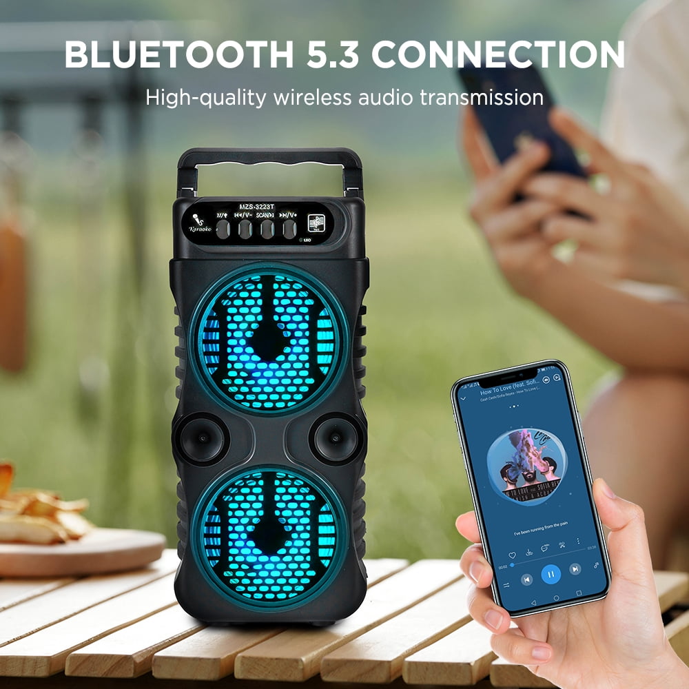 Portable Dual-Driver Bluetooth Party Speaker - 3 Inches 2x3W Stereo, RGB Music Lights, TWS, Mic/USB/TF/FM Inputs, Durable ABS, for Outdoor Dancing Party/Family Karaoke/Gatherings