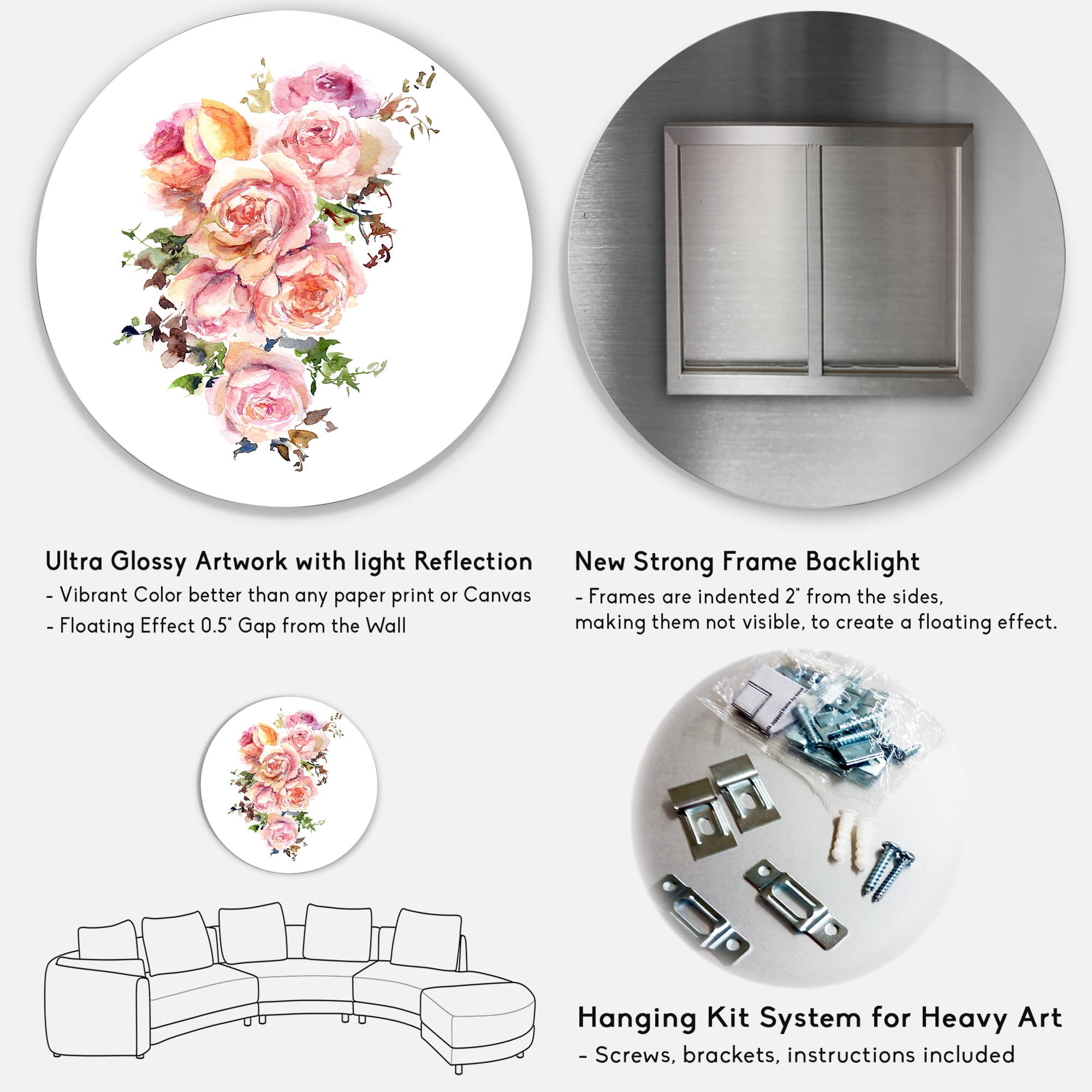 Designart 'Bouquet Of Pink Roses Flowers' Traditional Circle Metal Wall Art 29x29 - Disc of 29