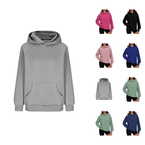 Plain Hoodies for Women 2025 Fall Winter Long Sleeve Striped Hooded Sweatshirt with Pockets Pullover Tops