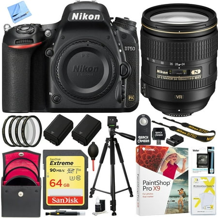 Nikon D750 DSLR 24.3MP Digital Camera w/ AF-S NIKKOR 24-120mm f/4G ED VR Lens with 64GB SDXC Memory Card Plus Triple Battery Accessories Bundle
