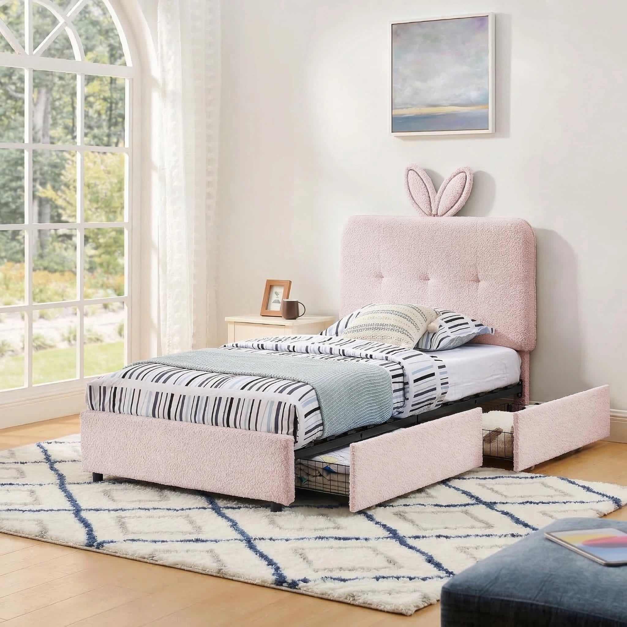 Aisword Twin Upholstered Bed Frame with 4 Storage Drawers & Rabbit Ear LED Headboard, No Box Spring Needed, Wooden Slats Support, Pink