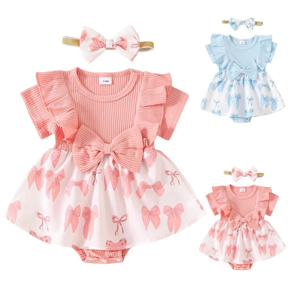 Faraee Baby Girl Clothes Newborn Ribbed Romper Dress Ruffle Short Sleeve Bodysuit Infant Bowknot Summer Outfit with Headband Pink 6-12 Months