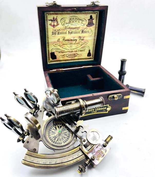 Brass Sextant Compass with Wooden Box Solid Nautical Sailing Maritime Marine Navy Functional Gift Decoration Christmas Present