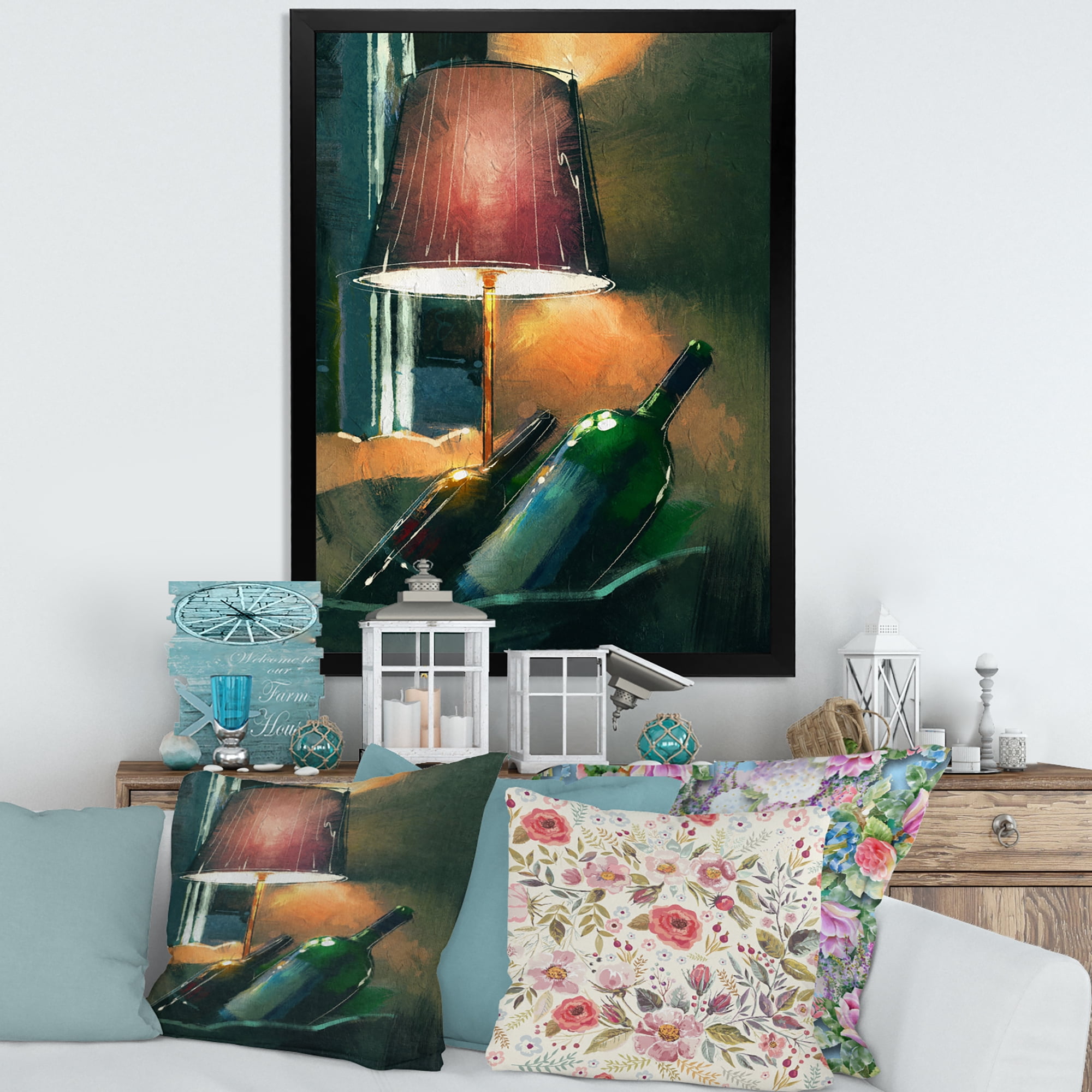 Designart 'Lamp Glowing Orange In The Night and Wine Bottles' Modern Framed Art Print