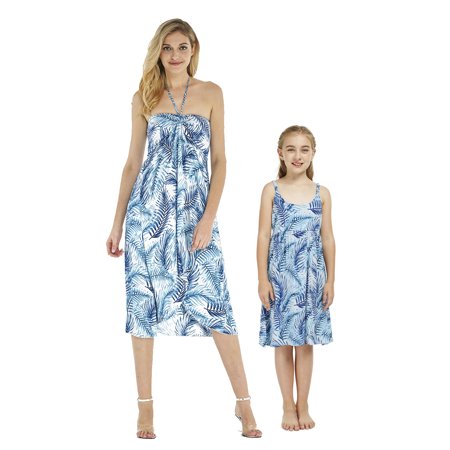 

Matching Hawaiian Luau Mother Daughter Halter and Elastic Dress in Simply Blue Leaves