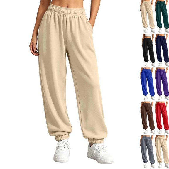 Womens Jogger Sweatpants Elastic High Waist Solid Relaxed Fit Joggers Ribbed Cuff Casual Athletic Trousers with Side Pockets Beige L