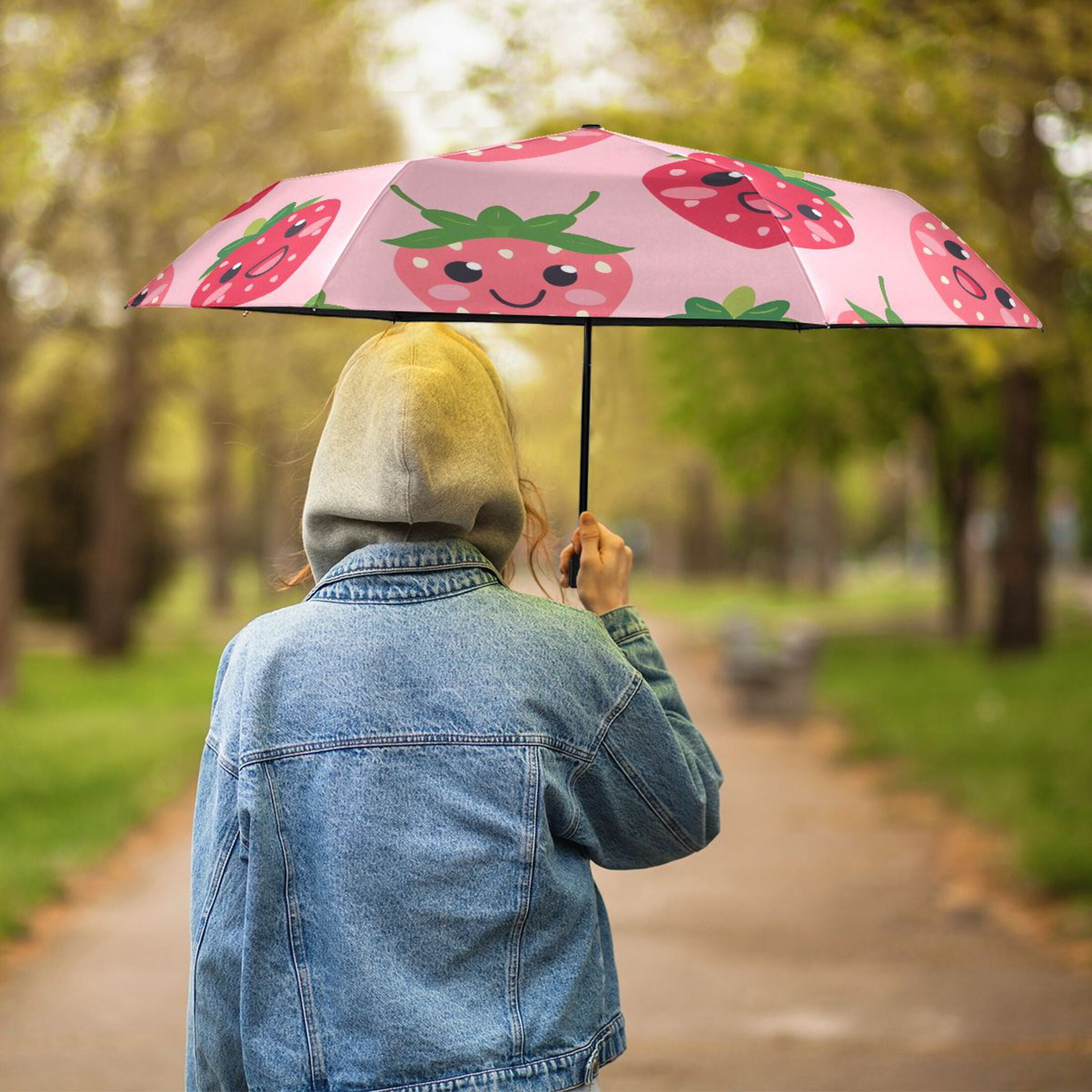 Compact Sun Umbrella Windproof Travel Umbrellas for Rain Strong Portable UV Protection Lovely Strawberry