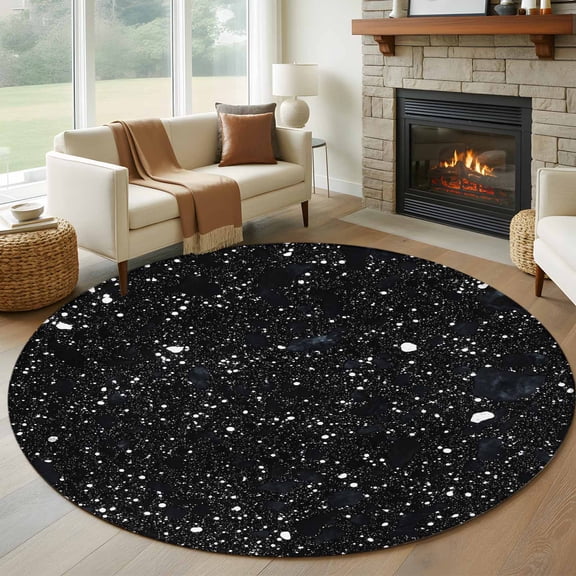 Round Area Rug 6 Ft, Black Star Sky Washable Non-Slip Circle Carpet for Living Room/Bedroom, Modern Country Simple Abstract Pattern Low-Profile Indoor Mats Collection Rugs for Residential