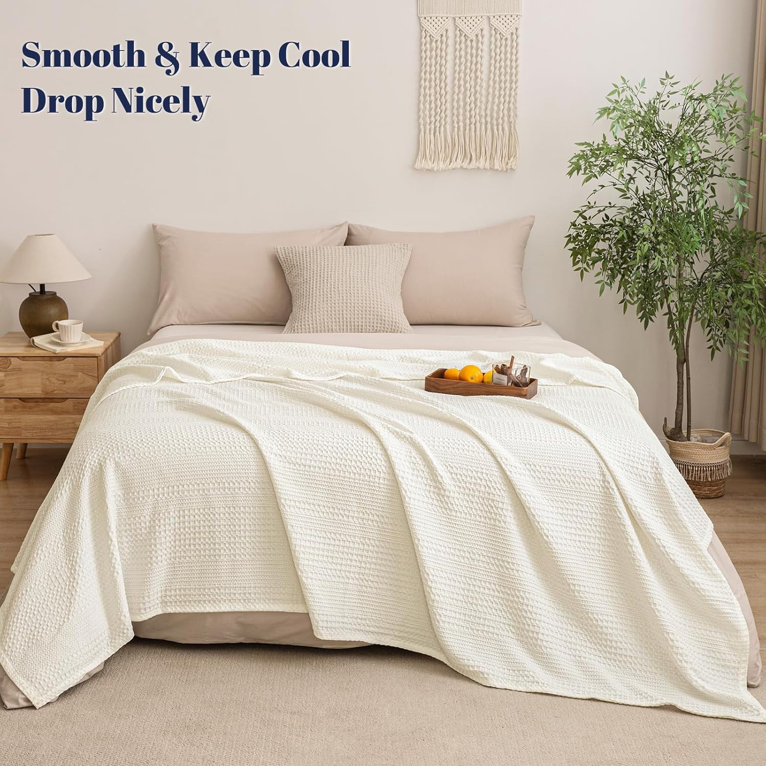 PHF Ultra Soft Waffle Weave Blanket King Size for Bed, Lightweight and Breathable Blanket, Perfect for Hot Sleepers, 104"x 90", Coconut White