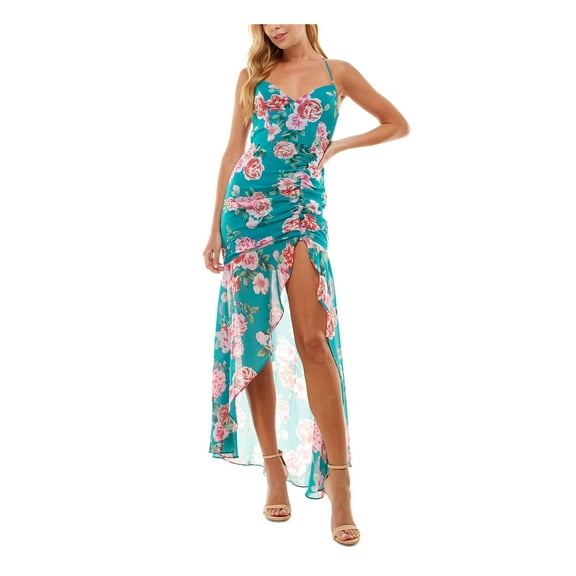 CITY STUDIO Womens Teal Ruched Lined Tie Sheer Floral Spaghetti Strap V Neck Midi Hi-Lo Dress XXS