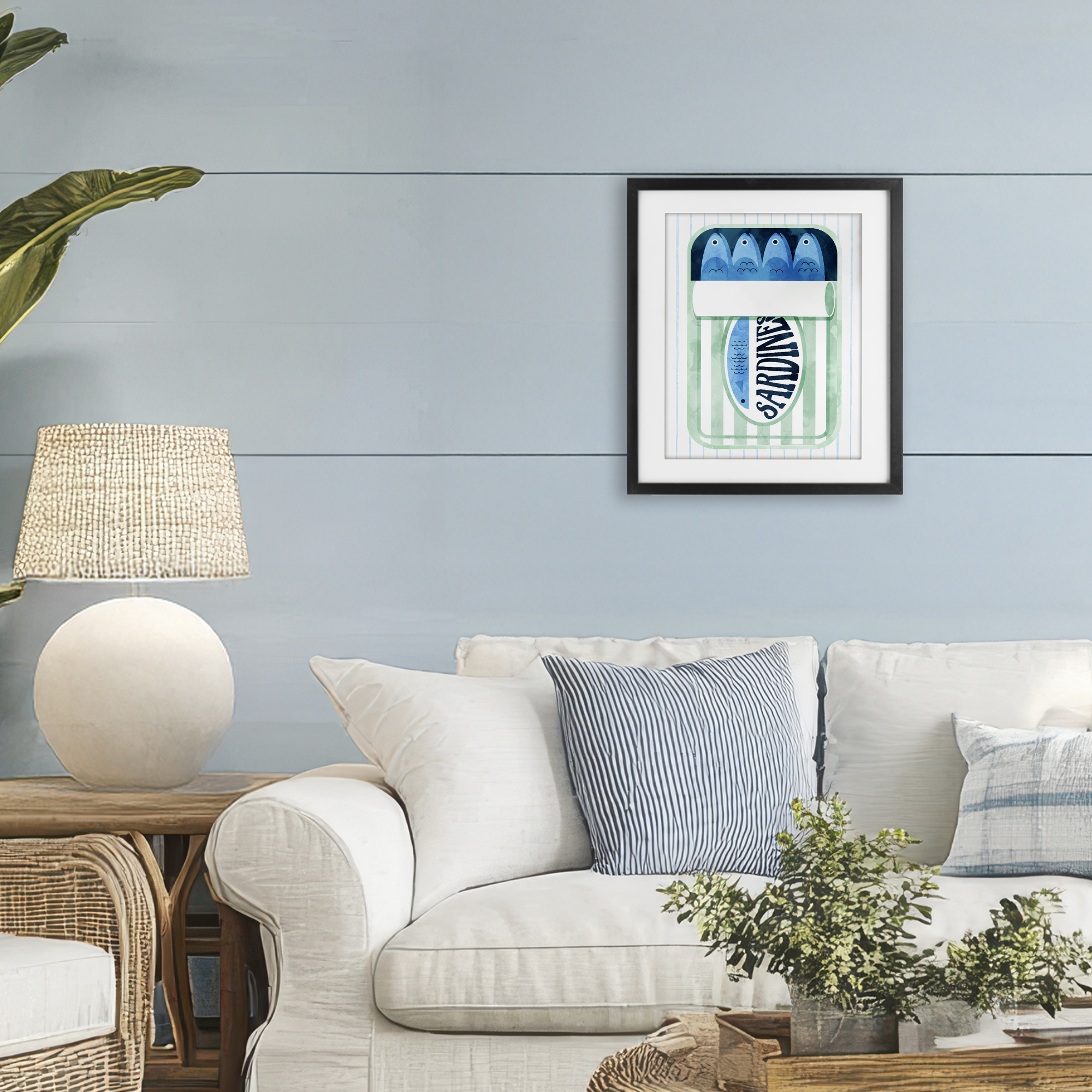 Seafoam Sardine Tin over Stripes Black Framed Print Under Glass, design by Daphne Polselli