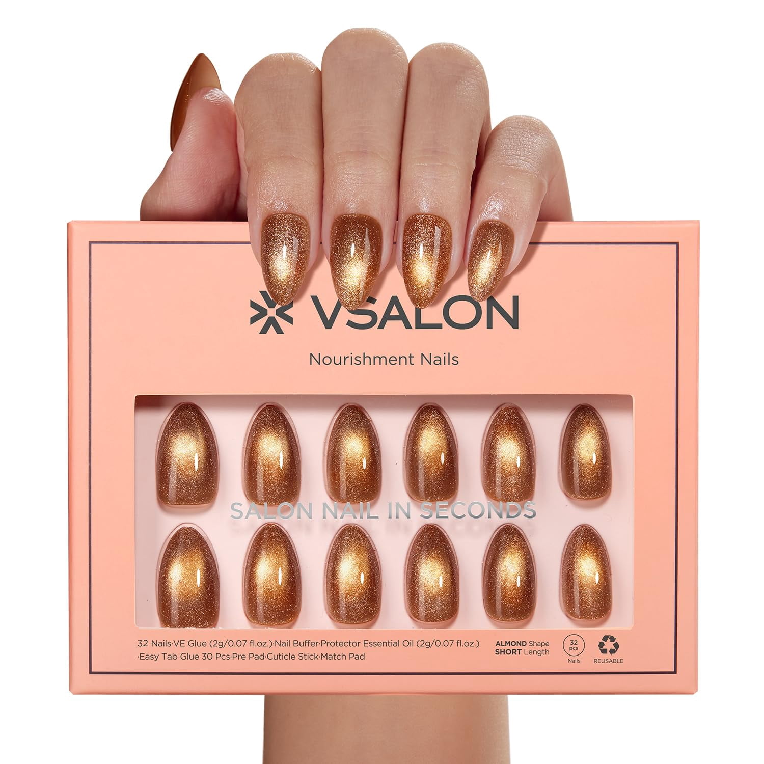 VSALON Press On Nails Short Almond, 32 Pcs 16 Sizes Brown Cat Eye Press On Chrome Fake Nails With Glue & Cuticle Oil, Reusable Stick On Nails False Nails Kit Valentines Gift For Women
