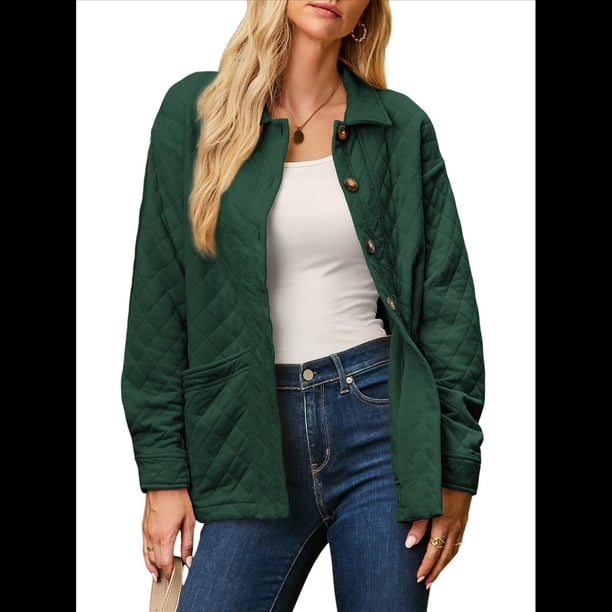 Chaqueta Acolchada Informal para Mujer, Camisa de Larga con Cuello Abotonado, Chaqueta de Otoño con Bolsillos Verde Oscuro XXL