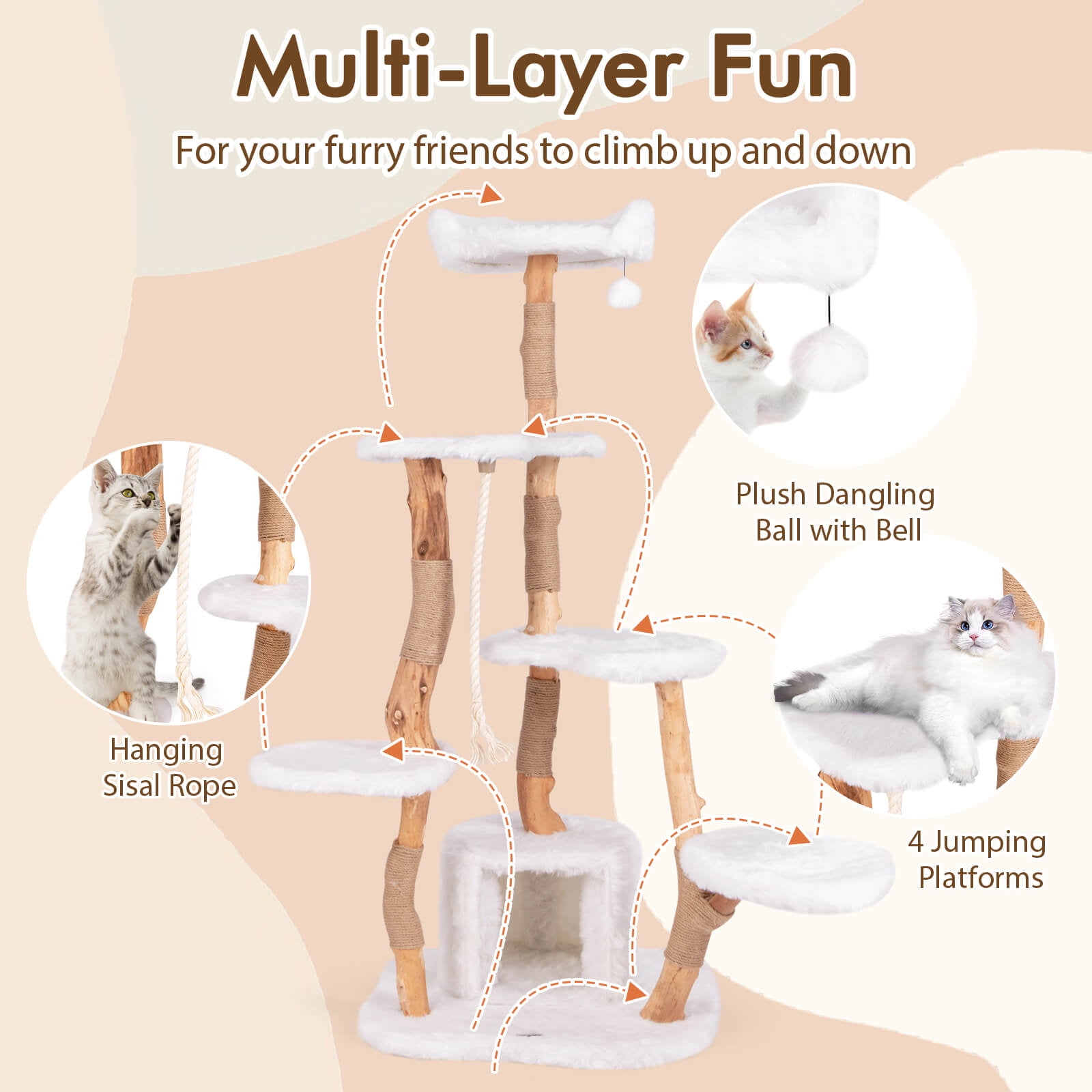 Infans 66" Tall Solid Wood Cat Tree w/ Perch Condo Jute Scratching Posts Sisal Rope