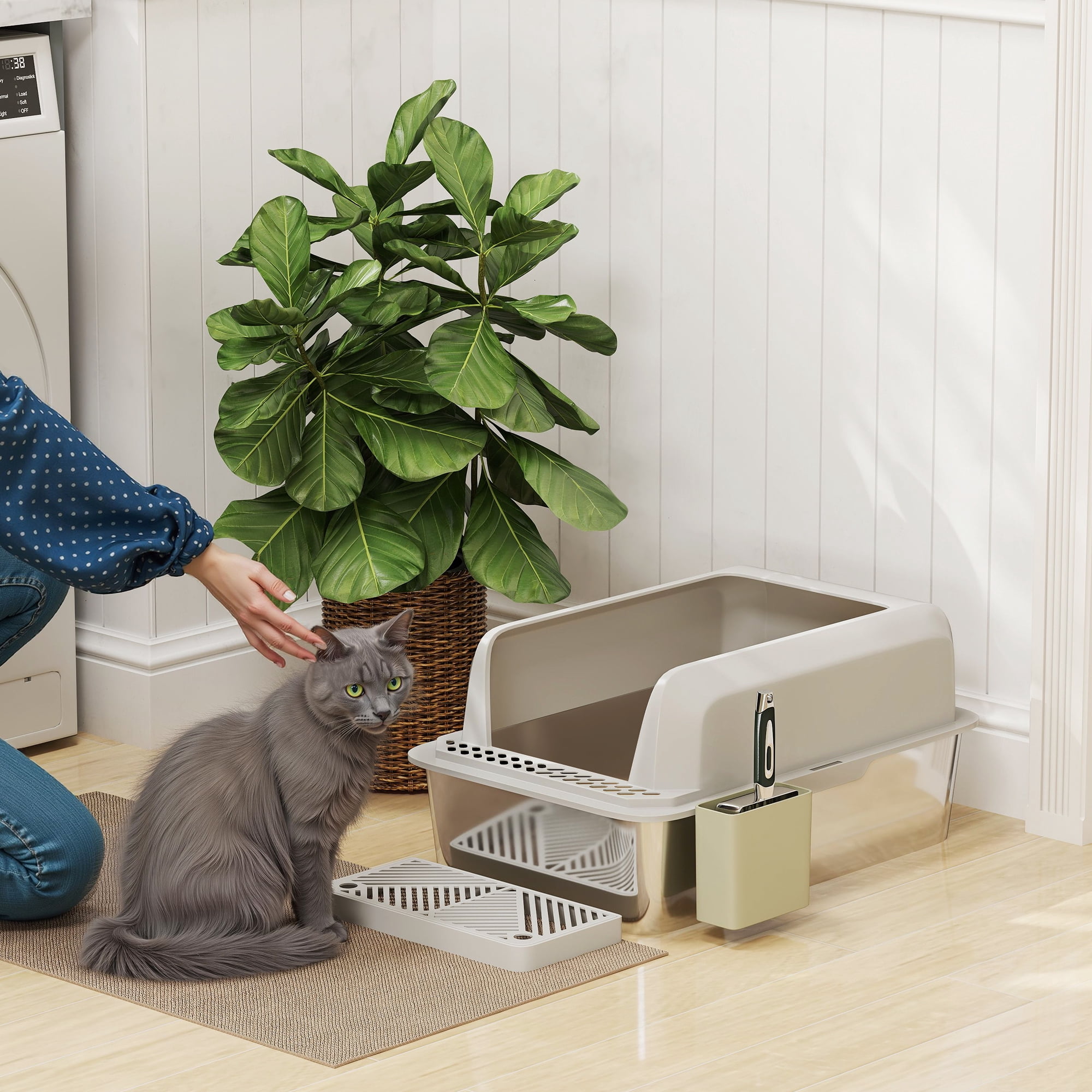 PawHut Stainless Steel Litter Box, Metal Litter Box High Sided, Anti-Urine Leakage, Non-Sticky, with Metal Scoop & Scoop Holder, 24" x 16" x 11"