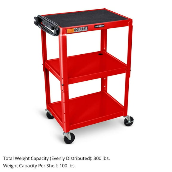 Luxor LEADER™ Adjustable-Height Three-Shelf Media Utility Cart, 24" W x 18" D, Red