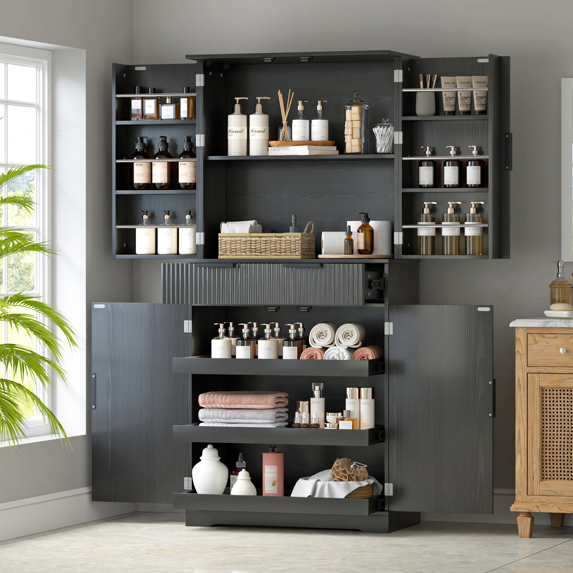 Mintazer 72" Fluted Freestanding Kitchen Pantry Storage Cabinet with 4 Door & Drawers, Large Storage Hutch with Spice Door Racks for Kitchen Dining Room Bathroom, Black