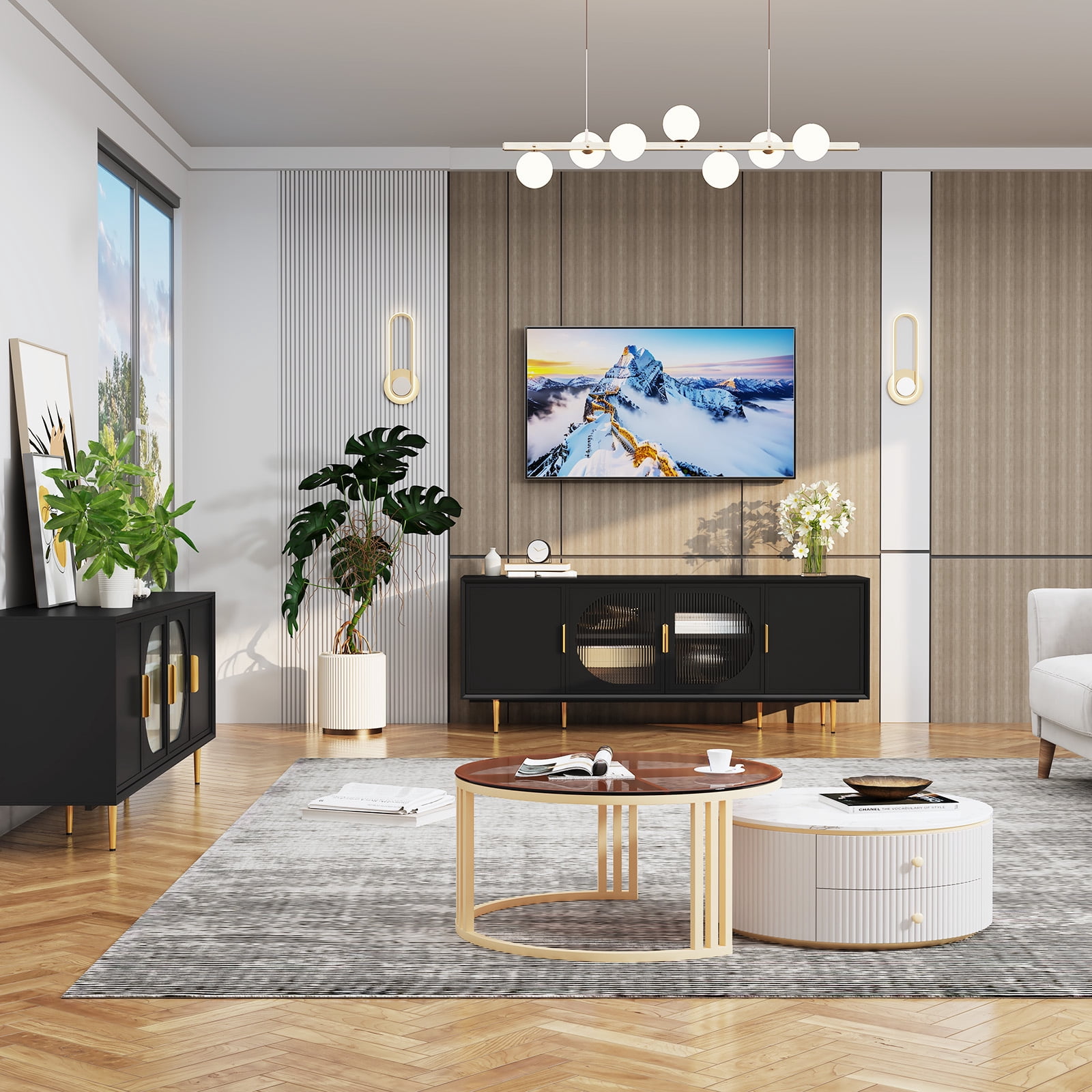 CBJCBJ 66" TV up to 75" Stand for Living Room, Entertainment Center with Glass Storage Cabinet,Black