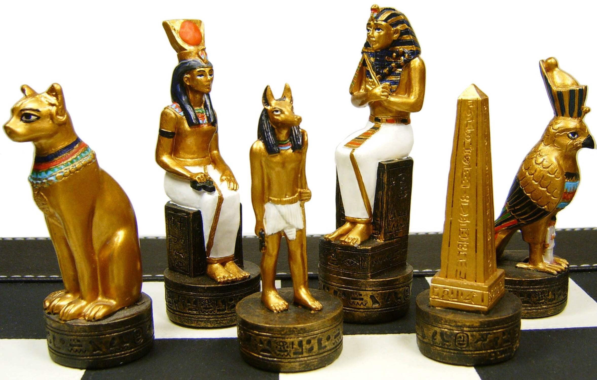 Egyptian Anubis Gold  Buff Chess Set with 18" Black  White Faux Leather Board