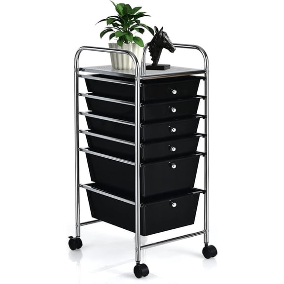 6-Drawer Rolling Storage Cart, Multifunctional Art Craft Tools Organizer on Wheels, Heavy Duty Utility Mobile Storage Trolley w/ 2 Lockable Wheels for Home Office School (Black)