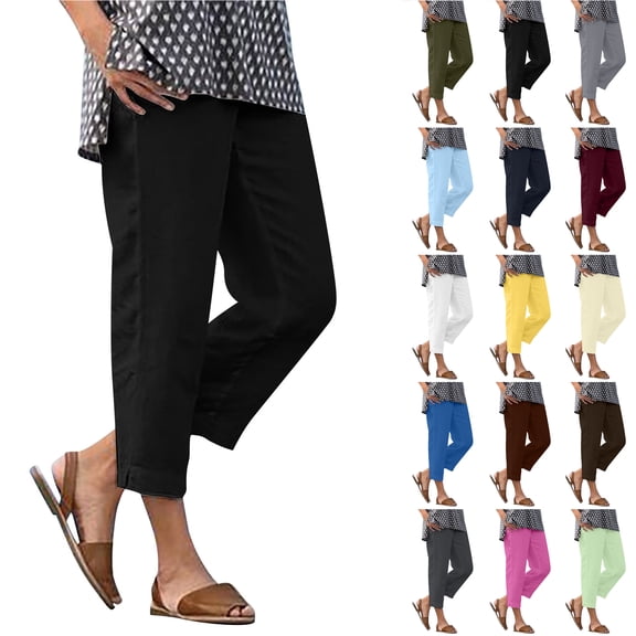 Bloomae Women's Lightweight Capri Pants Trendy Soft Cotton and Linen Elastic Waist Comfy Side Slit Lounge Cropped Trousers with Pockets Fashion Summer Beach Vacation Capris Black S