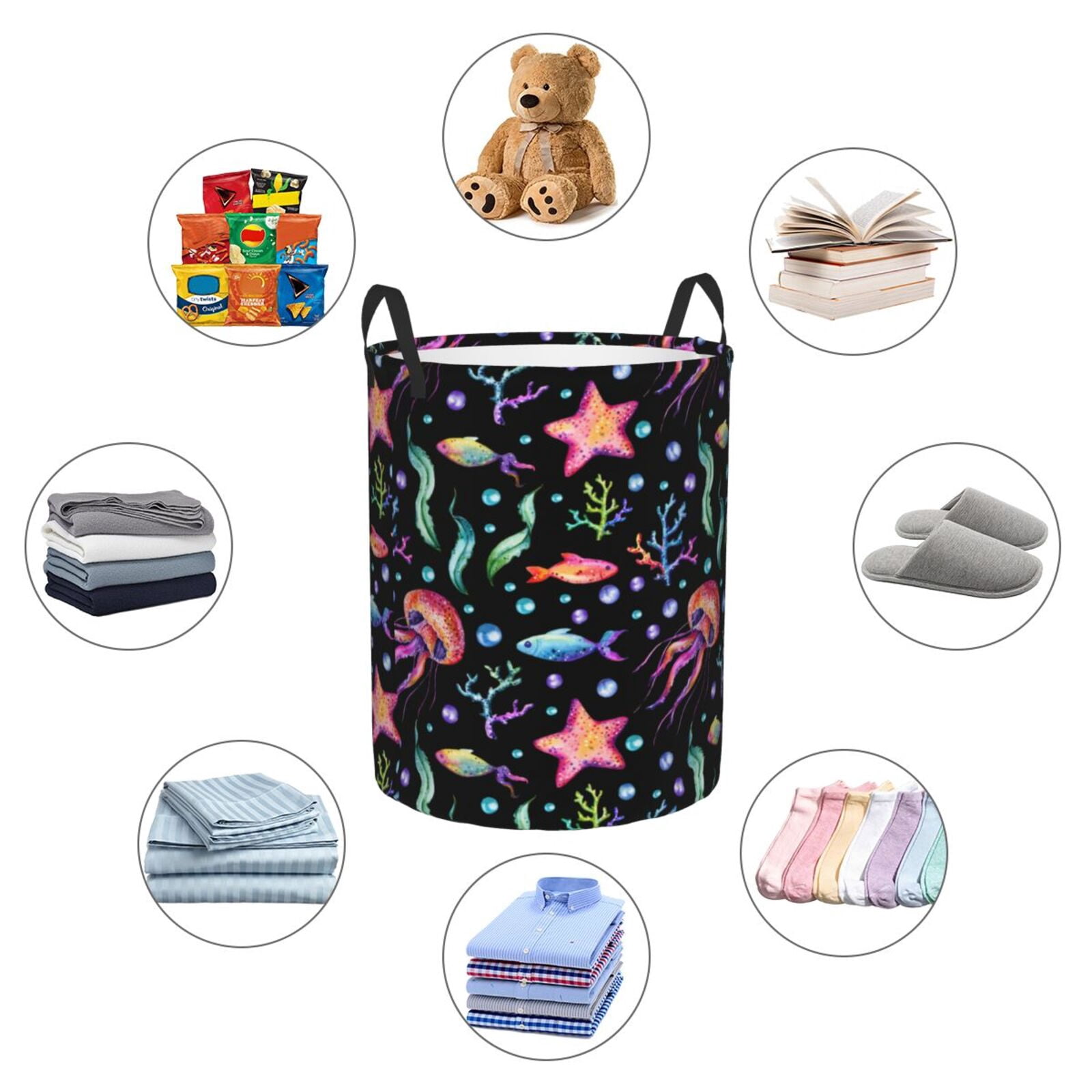 Large Laundry Basket with Handles - jellyfish starfish print Kids Baby Dirty Clothes Laundry Hamper for Bedroom Aesthetic