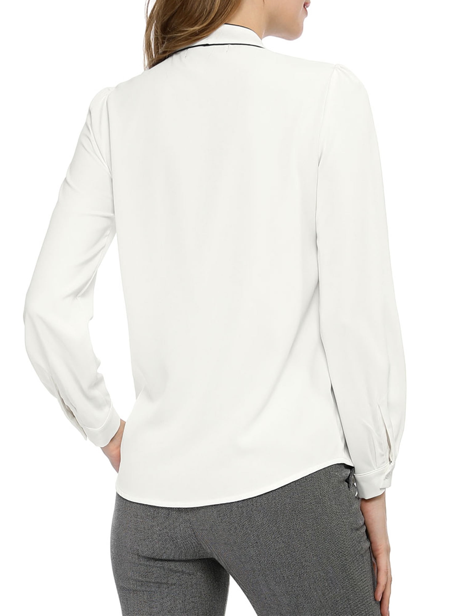 DARING DIVA Women's Contrast Color Button Down Long Sleeve Tie Neck Shirt L White