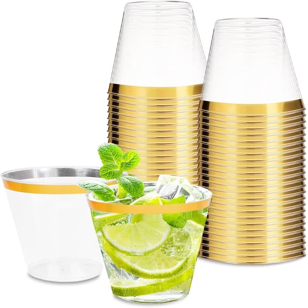 50 Vasos de Plástico Premium Reutilizable, Borde Dorado Paquete Vasos de Plástico, Vasos de Chupito de Plástico Transparente Duro, Vasos de Plástico Duro Vasos de Boda WZY