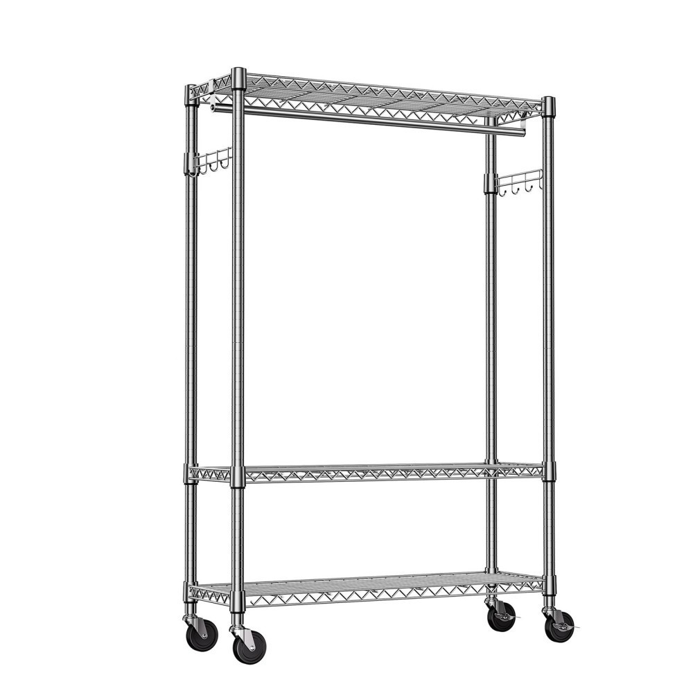 Heavy Duty Garment Rack on Wheels, Rolling Clothes Rack with Adjustable Shelves, 2 Hanging Rods, Side Hooks, Freestanding Closet Organizer, Chrome