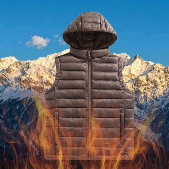 COSFO Men's Puffer Vest Brown Solid Suede Hooded Full Zip Outwear with Pockets Warm Loose Fit Sleeveless Men Jackets