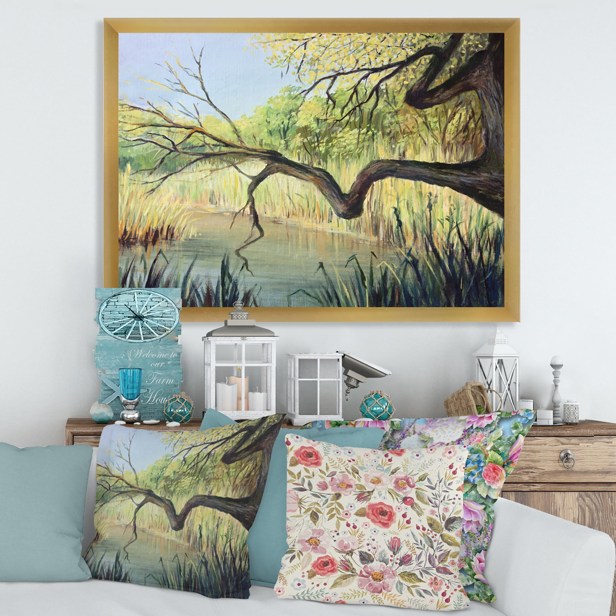 Designart 'The Lake of Silence From The Tree' Lake House Framed Art Print