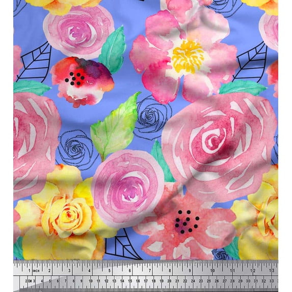 Soimoi Cotton Poplin Fabric Leaves & Rose Floral Fabric Prints By Yard 56 Inch Wide