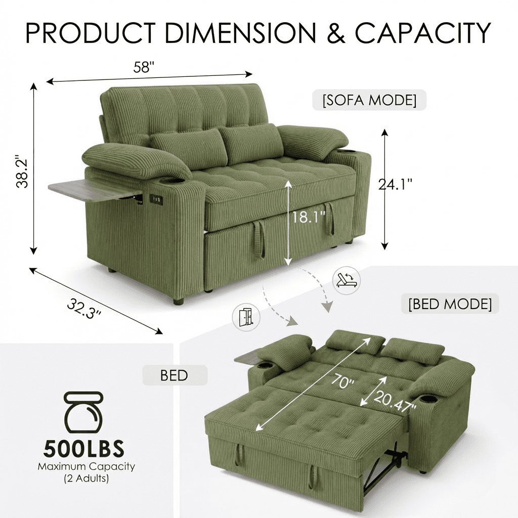 58" Sleeper Sofa Bed, Convertible Pull Out Couch Bed Corduroy Loveseat with Adjustable Backrest, USB Charging Ports, Cup Holders & Foldable Side Table for Living Room Apartment,Green
