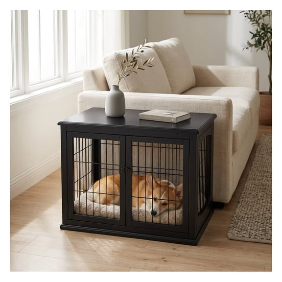 Dog Crate Furniture 32 Inch End Table with 2 Doors, Small Puppy Kennel Cage Indoor, Black