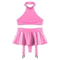 thumbnail image 4 of Conjunto de lencería de charol para mujer, traje Rave para discoteca, Top corto con espalda descubierta y cuello Halter con tangas integradas, minifalda con volantes, 4 of 5