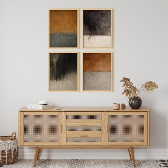 Framed Print Wall Art Set of 4 - Netural Abstract Poster Art - 4 Pieces Minimalist Modern Wall Decor for Living Room - 12"x16"x4 NATURAL