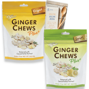 Prince of Peace Ginger Chews Variety Pack of 2 with Empire Mercante Digital Recipe Book, 1 of each (Original Plus  and Lemon Plus ) 6 oz total Natural, Vegan, Gluten Free, Organic Ginger Chews