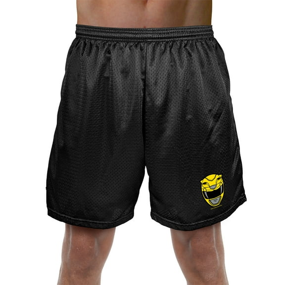 Power Rangers Yellow Ranger Helmet Mens Lined Mesh Shorts, Black, Medium