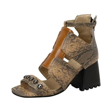 

Womens Two Strap Heeled Sandal Ladies Fashion Snakeskin Leather Hollow Thick High Heeled Zippered Roman Sandals