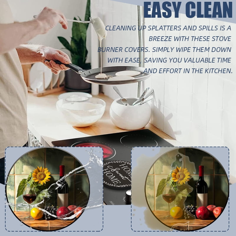 Round Gas Stove Burner Covers, Wine and Sunflower Gas Stove Burner Covers Set of 4 for Dining Room Cooktop Decorative, Kitchen Decor, 8 Inches and 10 Inches