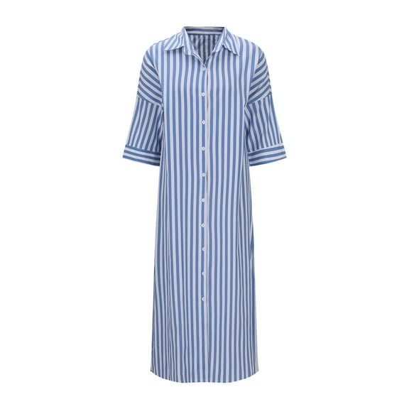miqiqism Womens Striped Dressy Skirts Shirts Button Down Midi Shirt Dress Casual Loose Cuffed Long Sleeve Mid Long Dresses,Blue,X-Large