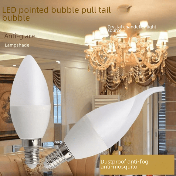Bombilla LED tipo vela E14, punta de rosca pequeña, burbuja, cola de tracción, lámpara de araña de cristal para el hogar, fuente de luz brillante de 5 W y 7 W