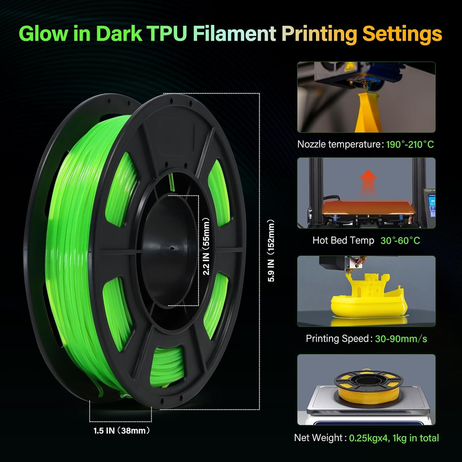 3D Printer Filament Bundle, TPU 95A, TPU Glow in The Dark Filament Blue, Green, Yellow, Purple 250 * 4 Pack, 1.75mm Halloween 3D printer filament.