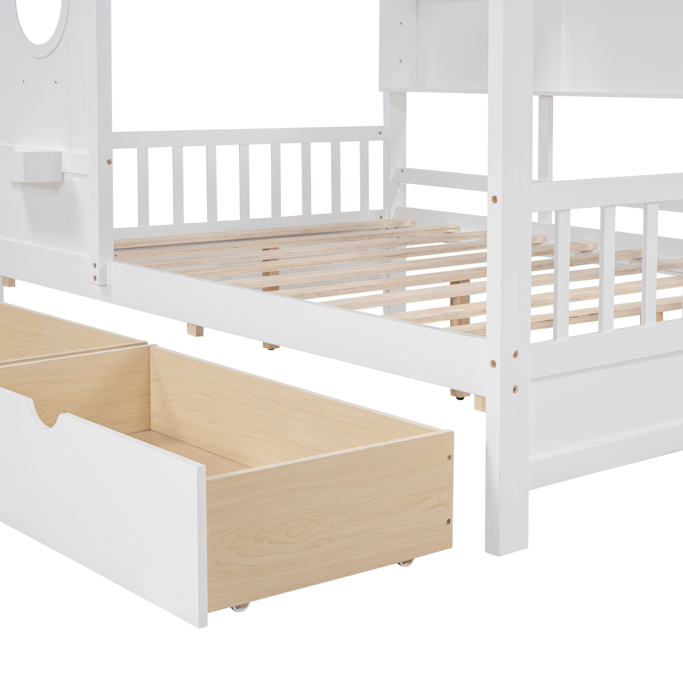 Noble House Wooden Full Size House Bed with 2 Drawers,Kids Bed with Storage Shelf, White