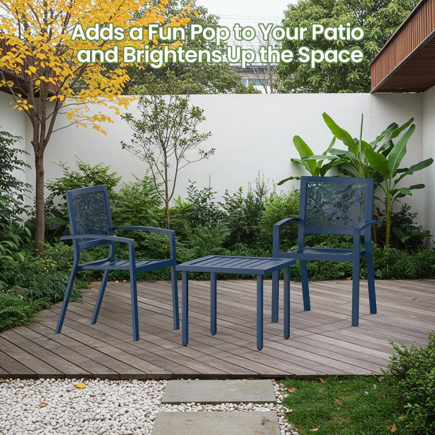 Bezseller 3 Piece Patio Bistro Set, Outdoor Steel Furniture Set, Stackable Modern Conversation Sets for Balcony Garden Deck Patio w/2 Chairs 1 Table, Peacock Blue