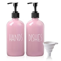 Farmhouse Glass Soap Dispenser Set 2-Pack, 16oz Pink Glass Bottle with Wooden Pump for Kitchen Sink Organization, Dish and Hand Soap Dispenser with Funnel, Countertop Decor