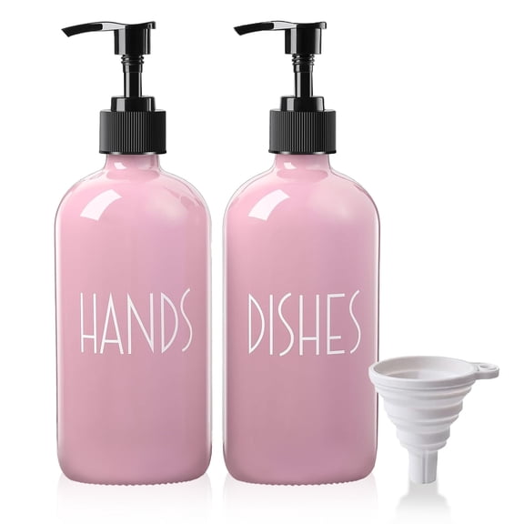 Farmhouse Glass Soap Dispenser Set 2-Pack, 16oz Pink Glass Bottle with Wooden Pump for Kitchen Sink Organization, Dish and Hand Soap Dispenser with Funnel, Countertop Decor