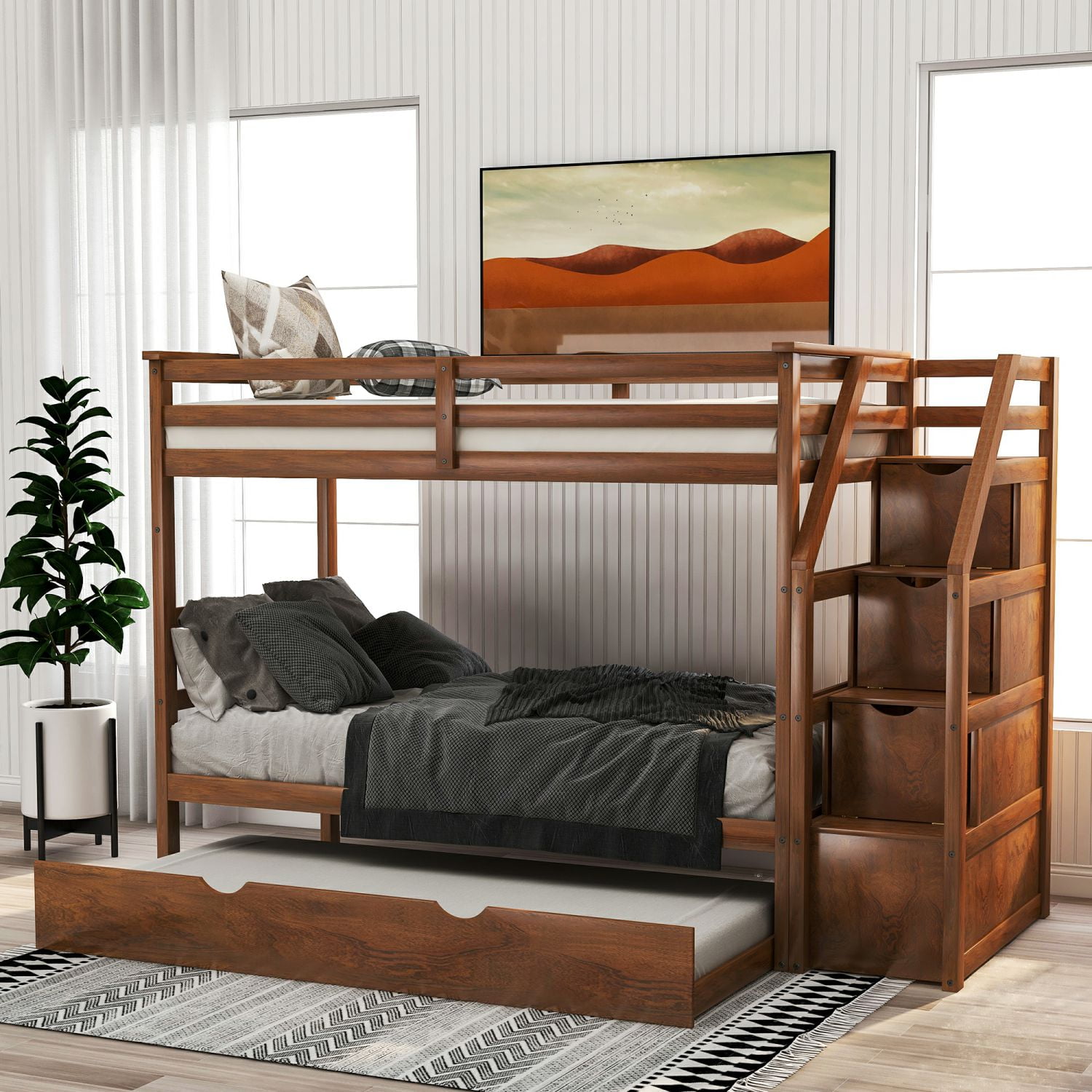 Hardwood Twin Over Twin Bunk Bed With Twin Size Trundle 3 Storage 