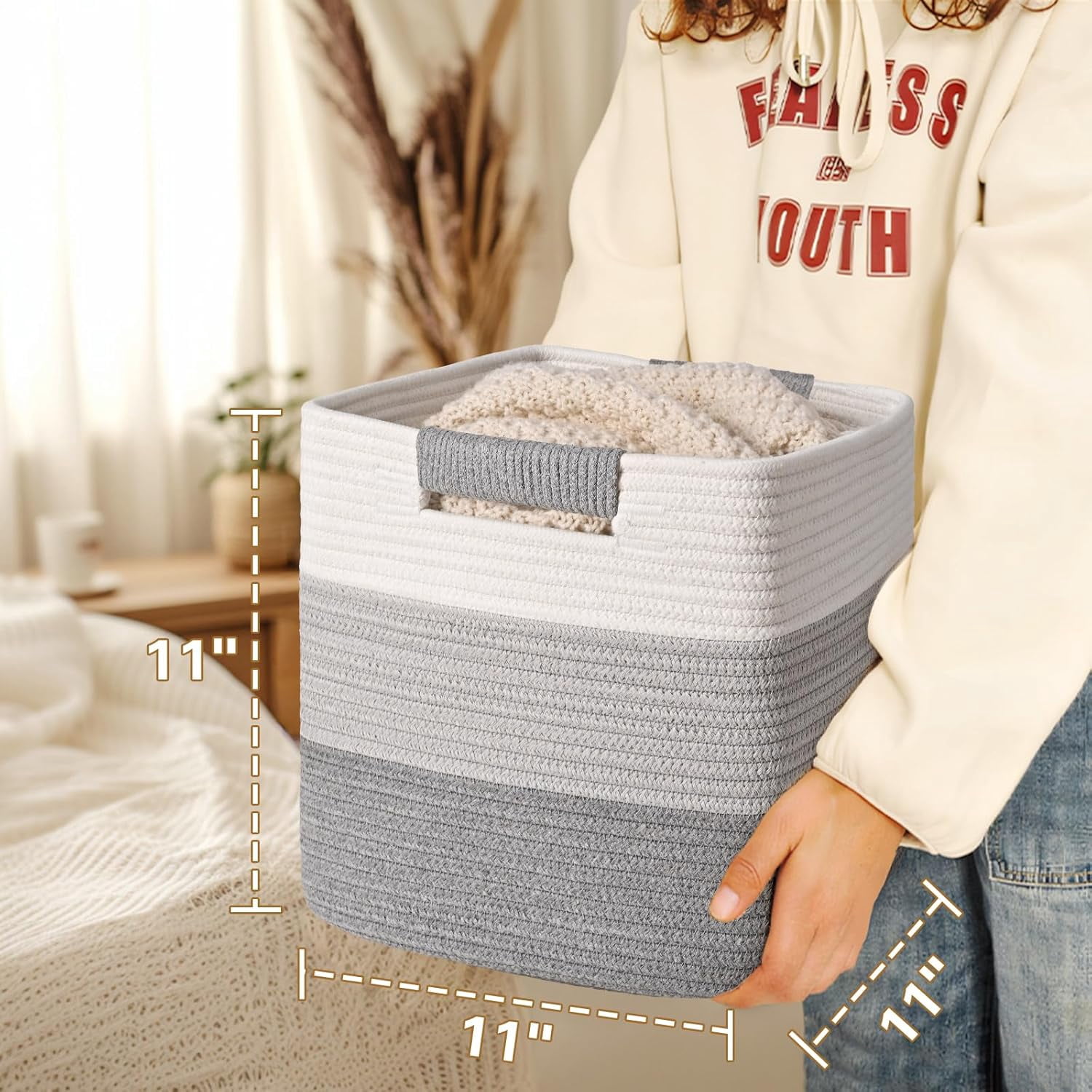 Natubeau 3 Pack Woven Storage Basket for Shelves, 11 Inch Cube Storage Bins, Cotton Rope Woven Baskets for Organizing, Gradient Grey