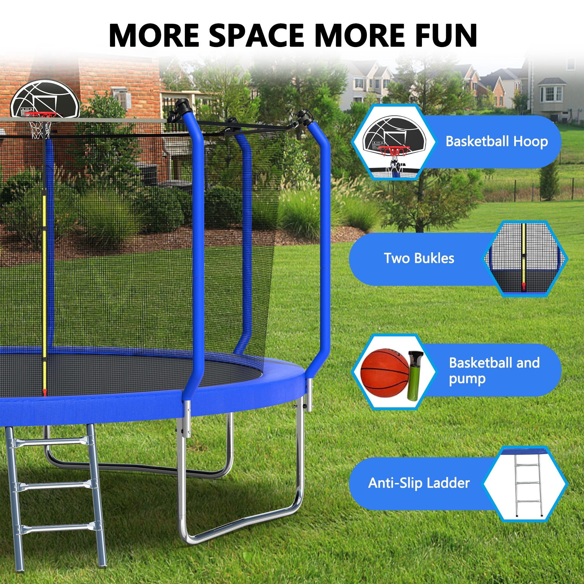 14FT Kids Trampoline, Max Weight 1320 LBS Outdoor Trampoline for 4-6 Kids, Large Round Trampoline with Enclosure and Hoop
